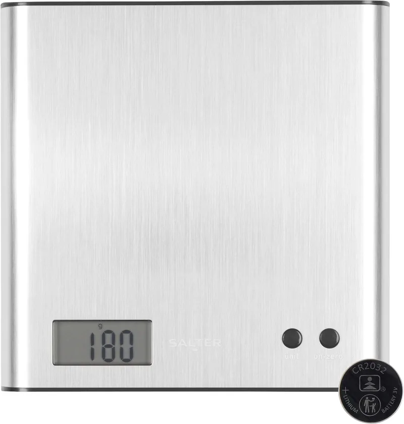 Salter ▫️ Balança digital de cozinha Arc 1087 SSDR, capacidade máxima de 3 kg, design curvo, balança de cozinha para uso doméstico, ecrã LCD, fácil de limpar, função «Adicionar e pesar», compacta, aço inoxidável