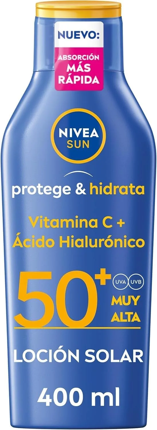 NIVEA ▫️ SUN Protege & Hidrata - Leite Solar FP50+ - Protetor Solar Corporal - Proteção UVA/UVB - Loção Resistente à Água - Hidratação 48h - Com Pantenol e Glicerina - Todos os tipos de pele - 400 ml