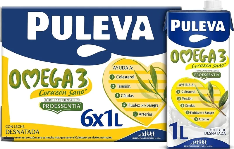 Puleva ▫️ Omega 3 Original com Proessentia® em embalagem de 1 L - Caixa de 6 litros | Leite com Omega 3 e Proessentia, que contribui para o funcionamento normal do coração. Enriquecido com vitaminas A, D e E. Embalagem de 6 x 1 L.