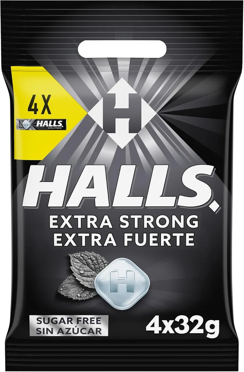 HALLS ▫️ Caramelos com Sabor Extra Forte, Sem Açúcar, Embalagem de 4 x 32 g