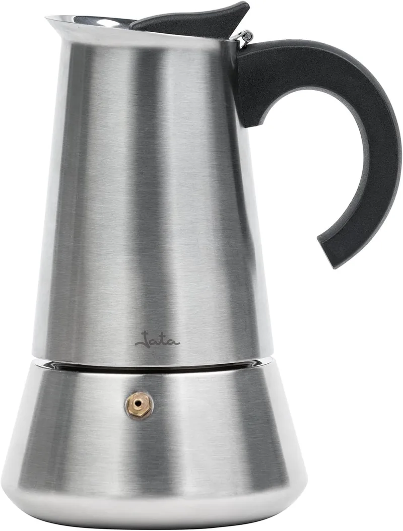Jata ▫️ Hogar CAX110 - Cafeteira italiana de indução para 10 chávenas, em aço inoxidável, cafeteira Moka para café expresso, compatível com todos os tipos de fogão, acabamento polido espelhado, pega ergonómica resistente ao calor