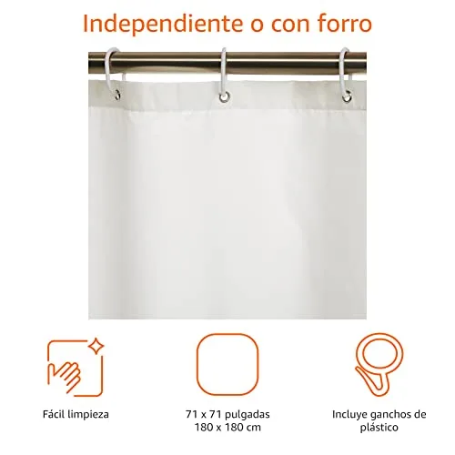 Amazon Basics ▫️ Cortina de banho em tecido resistente à água e ao bolor, com ilhós e ganchos, lavável na máquina, 180 x 180 cm, cor branca 2
