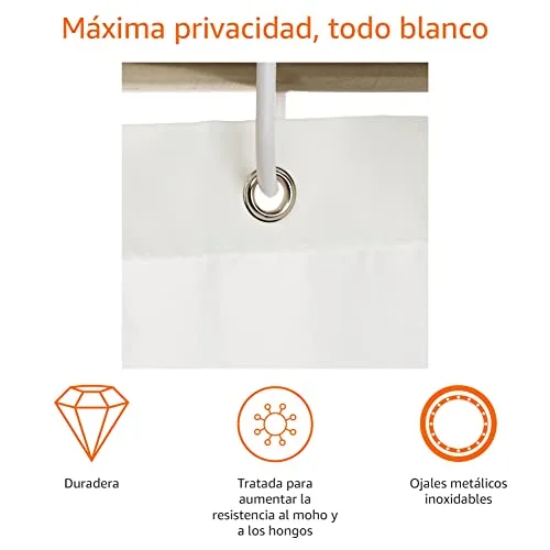 Amazon Basics ▫️ Cortina de banho em tecido resistente à água e ao bolor, com ilhós e ganchos, lavável na máquina, 180 x 180 cm, cor branca 3