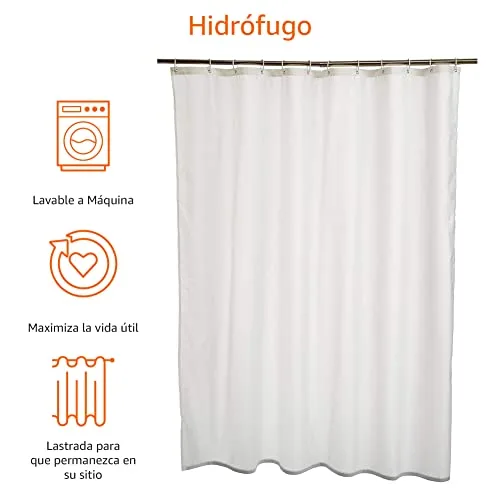 Amazon Basics ▫️ Cortina de banho em tecido resistente à água e ao bolor, com ilhós e ganchos, lavável na máquina, 180 x 180 cm, cor branca 4