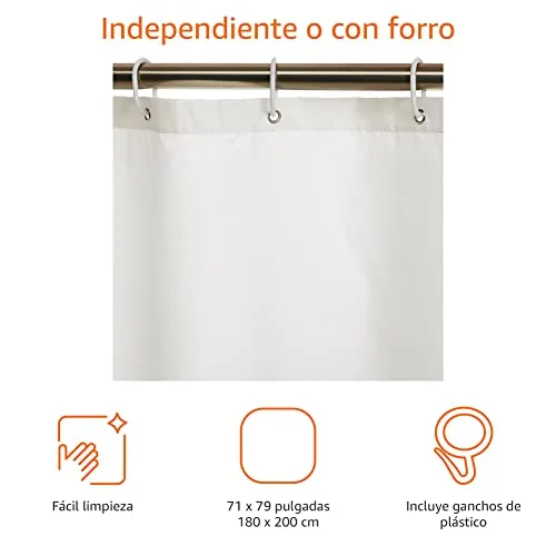 Amazon Basics ▫️ Cortina de banho em tecido resistente à água e ao bolor, com ilhós e ganchos, lavável na máquina, 180 x 200 cm, cor branca 2