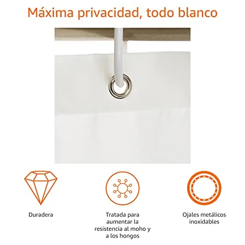 Amazon Basics ▫️ Cortina de banho em tecido resistente à água e ao bolor, com ilhós e ganchos, lavável na máquina, 180 x 200 cm, cor branca 3