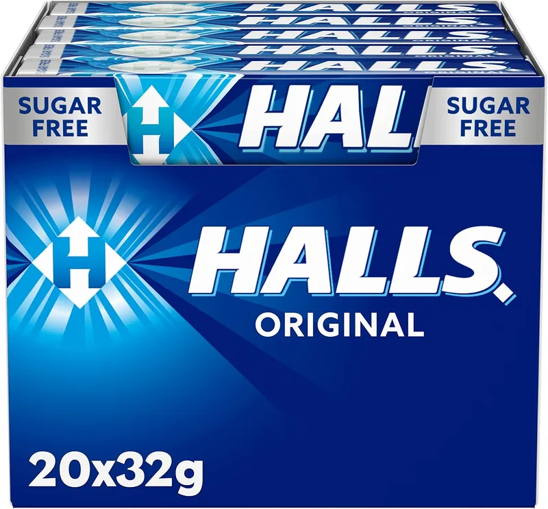 HALLS ▫️ Eucalyptus, rebuçados sem açúcar, caixa de 20 palitos de 32 g