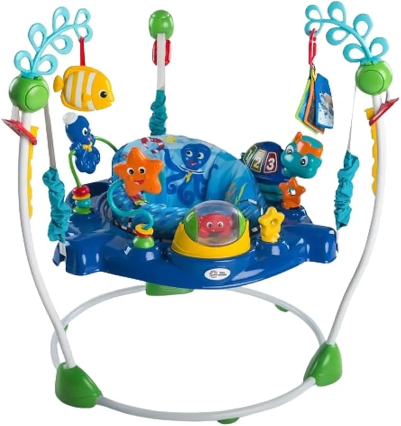 Baby Einstein ▫️ Saltador e Centro de Atividades Neptune's Ocean Discovery, 15 brinquedos e atividades adicionais, 3 idiomas, andador com música e luzes, assento que gira 360°, a partir dos 6 meses