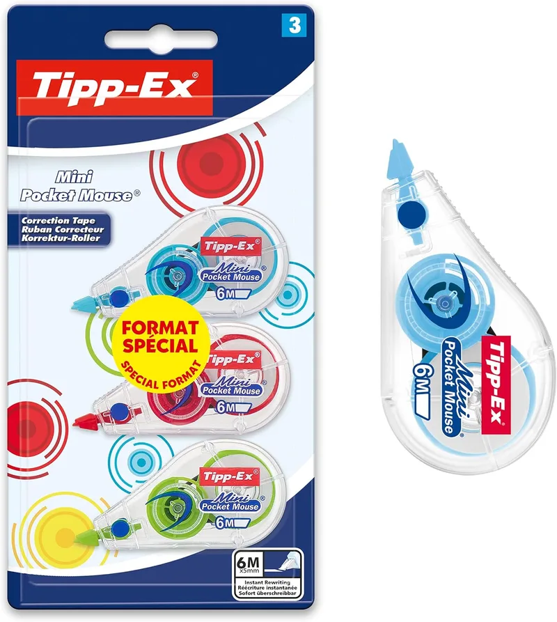 Tipp-Ex ▫️ BIC Mini Pocket Mouse - Embalagem de 3 unidades, cores sortidas