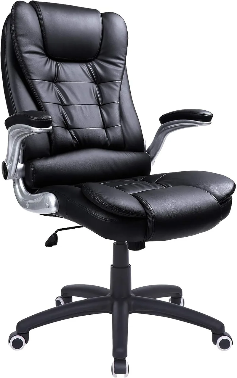 SONGMICS ▫️ Cadeira de escritório com encosto alto, apoio para a cabeça e assento espessos, braços eleváveis, cadeira giratória ergonómica, preta OBG51B