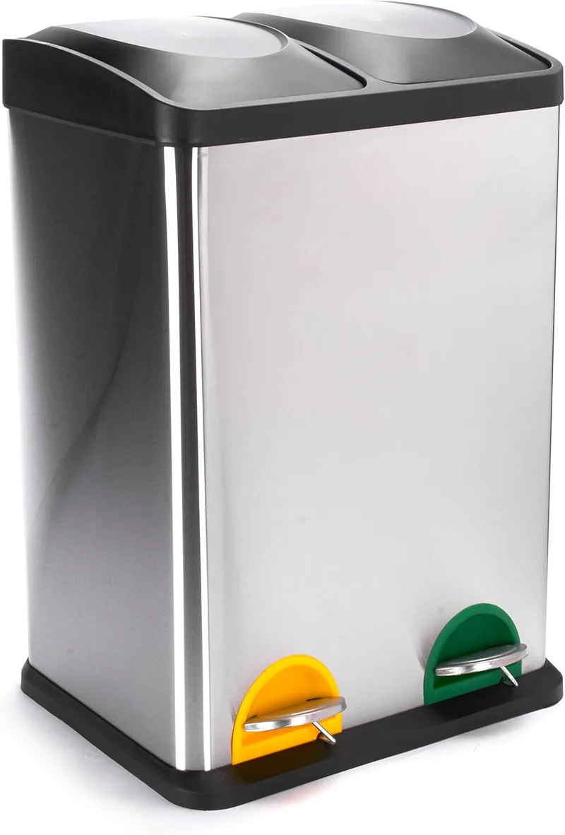 MSV ▫️ Contentor de reciclagem de 40 l em aço inoxidável com pedal - 2 contentores amovíveis de 20 l - Design moderno - Silencioso e à prova de odores - Ideal para cozinha e exterior - - - Contentor de reciclagem de 40 l em aço inoxidável com pedal - 2 contentores amovíveis de 20 l - Design moderno 