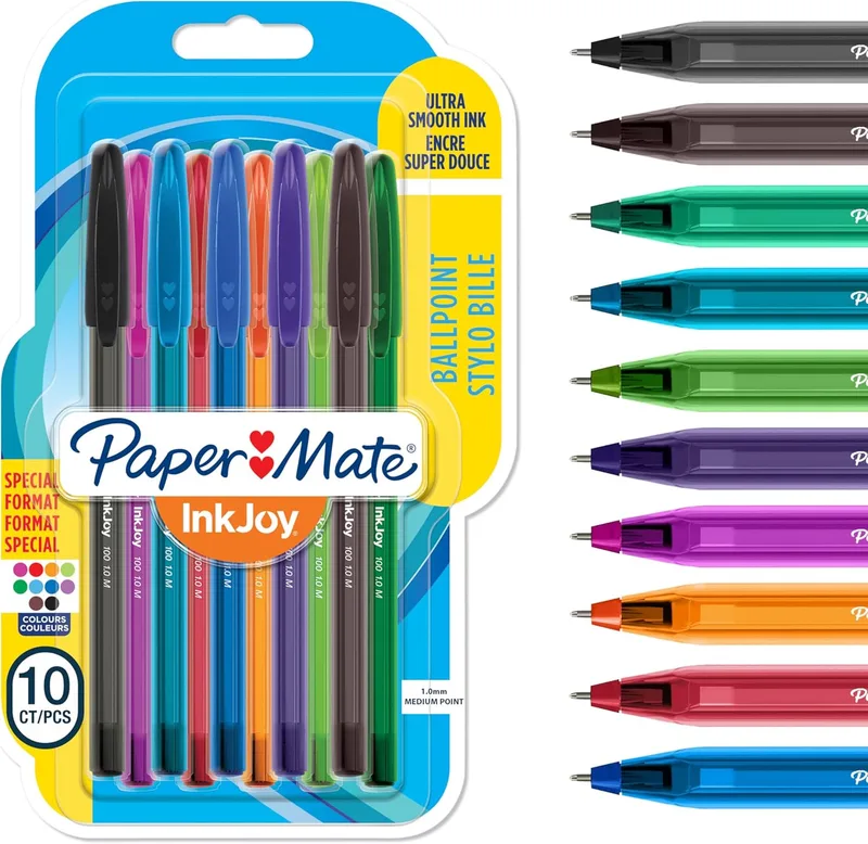 Paper Mate ▫️ Canetas InkJoy 100ST | ponta média (1,0 mm) | cores alegres e variadas | embalagem de 10