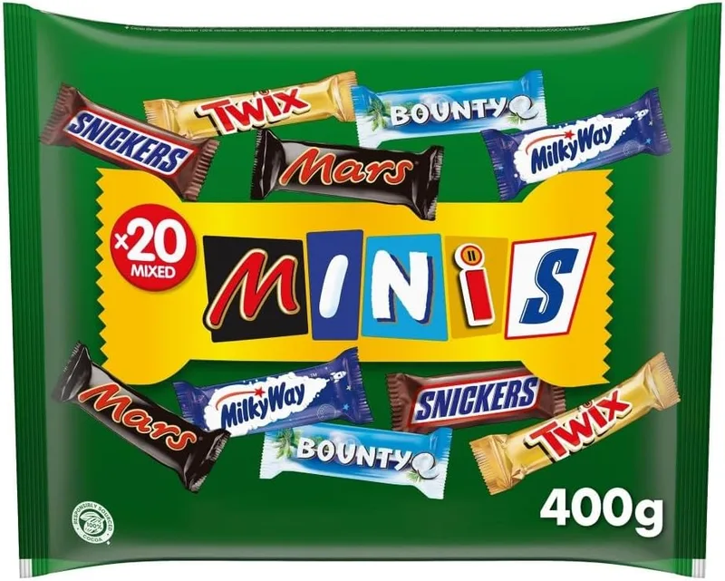 Mars ▫️ Mixed Minis, mini caixas de mistura de chocolates (Twix, Snickers, Bounty e Milky Way), desfrute de uma variedade de sabores de chocolate, ideal para oferecer, para a lancheira ou para partilhar, 400g