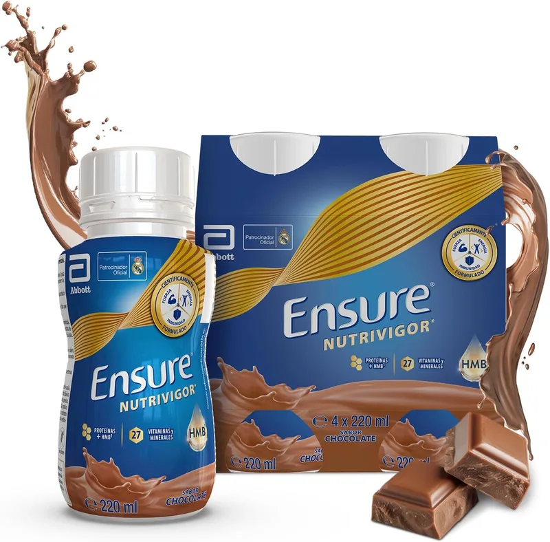 Ensure ▫️ Nutrivigor - Suplemento Alimentar para Adultos, com HMB, Proteínas, Vitaminas e Minerais, como o Cálcio - Sabor a Chocolate - Embalagem de 4 Frascos x 220 ml