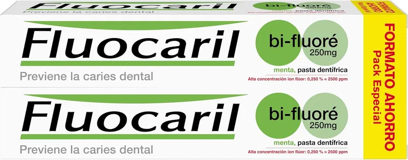FLUOCARIL ▫️ Bi-Fluoride 250 mg Pasta de dentes anti-cárie Sabor a menta Previne a cárie dentária, protege o esmalte, eficácia clinicamente comprovada Embalagem de 2x125 ml