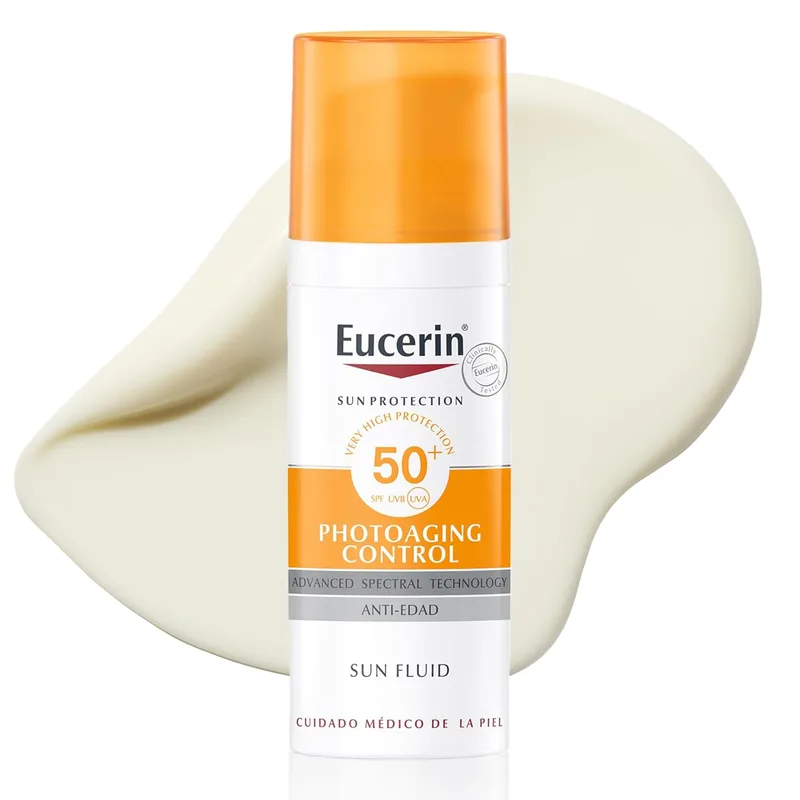 Eucerin Sun Face Photoaging Control Fluid FPS 50+ (50 ml), creme solar facial FPS 50+ com filtros UVA/UVB, proteção solar facial antirrugas e hidratante, creme solar para todos os tipos de pele