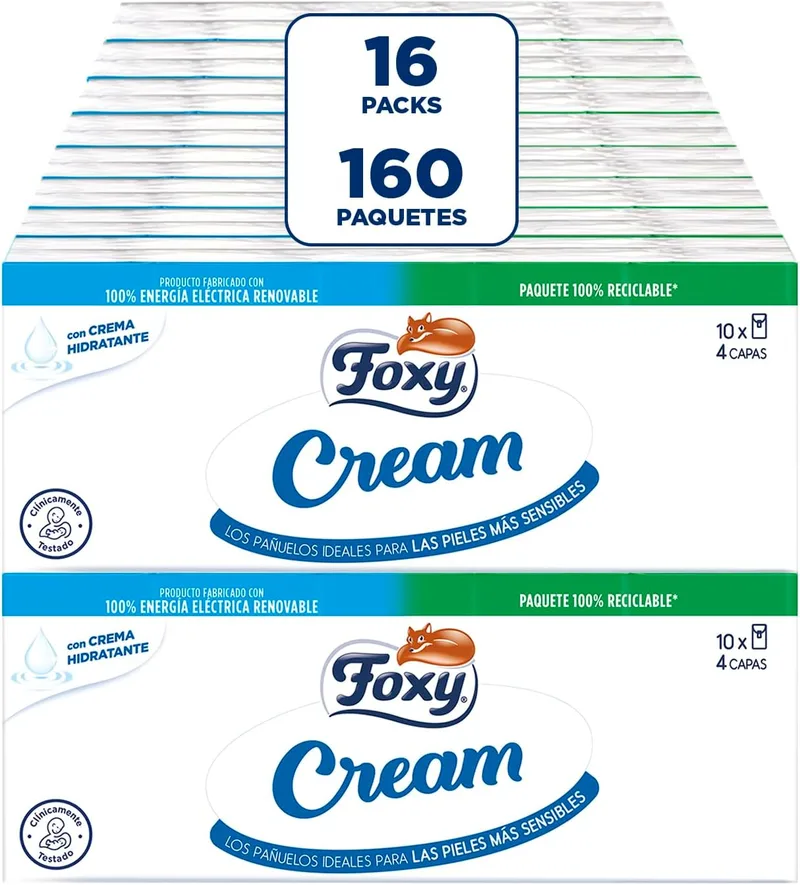 Foxy ▫️ Cream Lenços de bolso: 16 embalagens de 10 pacotes de 9 lenços de 4 camadas, com creme hidratante, certificação FSC, 100% de energia elétrica renovável, embalagem reciclável