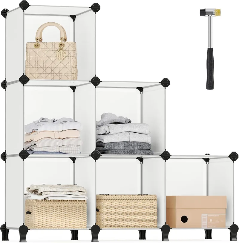SONGMICS ▫️ Estante modular de 6 compartimentos, organizador modular de plástico com pernas, sapateira, cubo de 30 x 30 x 30 cm, sala de estar, quarto, escritório, martelo de borracha, branco LPC111S