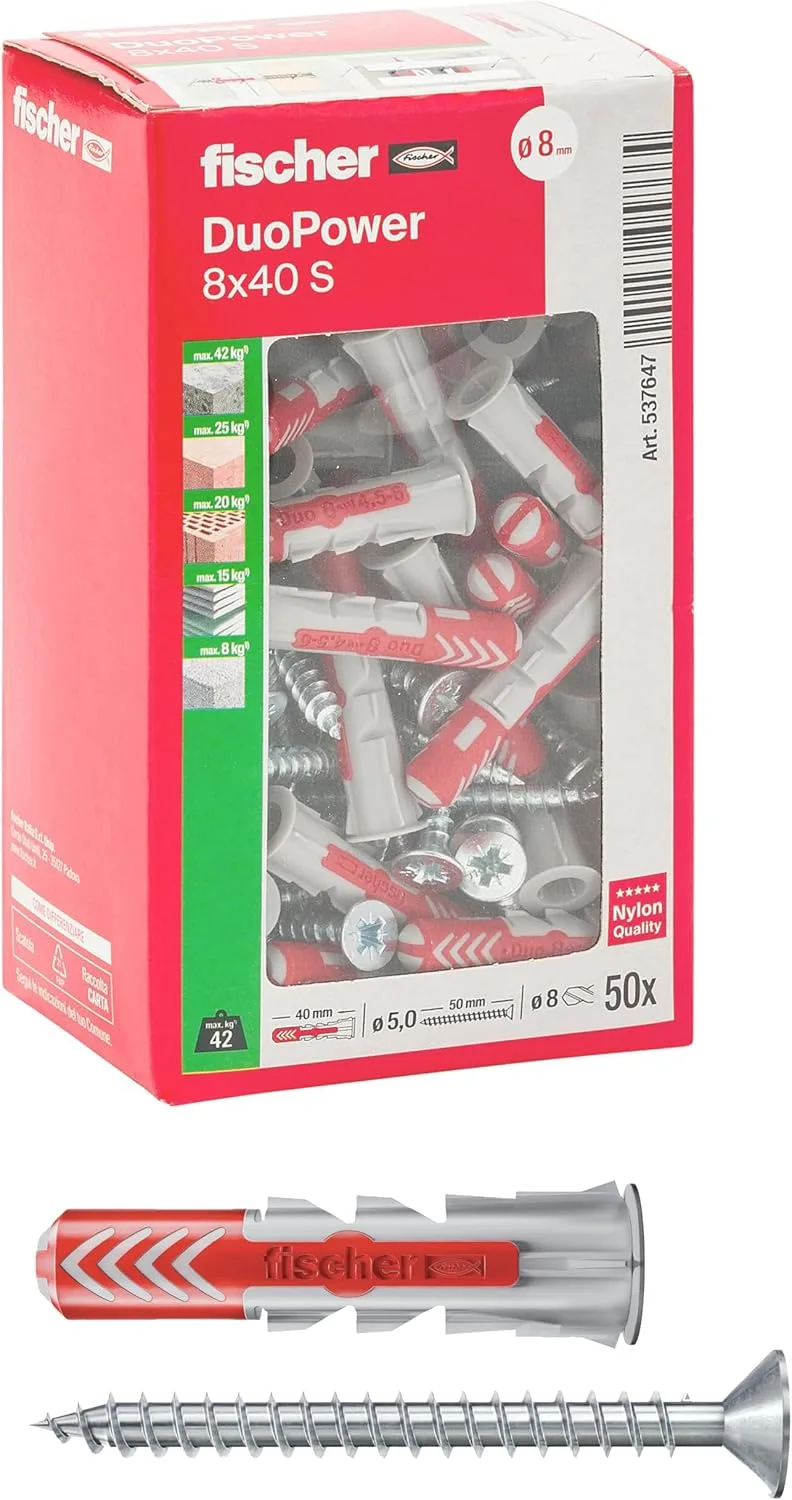 fischer ▫️ DuoPower 537647 - Tampões de parafuso (8 x 40 mm, para parede completa, tijolo perfurado, placa de gesso, 537647)
