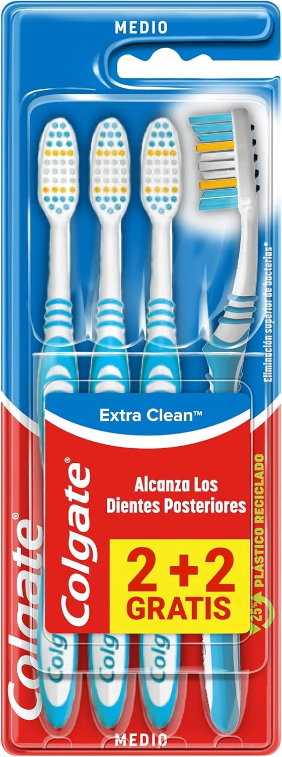 Colgate ▫️ Extra Clean Toothbrush medium, limpa até aos dentes de trás Pack 2+2, Multicolor (CP21509)