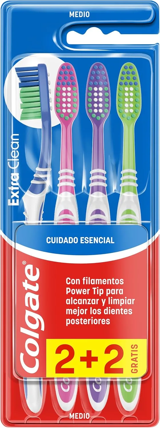 Colgate ▫️ Escova de dentes Extra Clean, dureza média, limpa até aos dentes posteriores, embalagem 2+2, multicolorida (CP21509) | Limpador de língua para limpeza profunda e hálito fresco, multicolorido