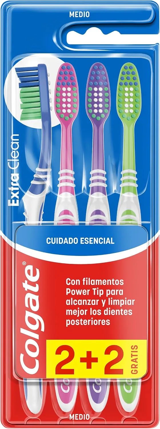 Colgate ▫️ Escova de dentes Extra Clean, dureza média, limpa até aos dentes posteriores, Embalagem 2+2, Multicolorida (CP21509)