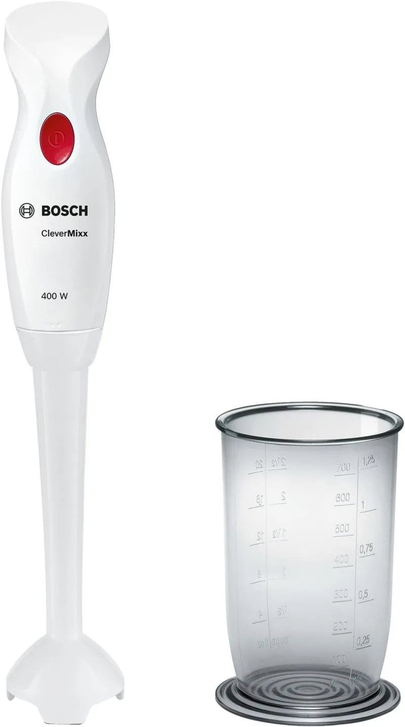 Bosch ▫️ CleverMixx - Batedeira manual, cabeça com quatro lâminas, copo de mistura, 400 W, cor branca e vermelha