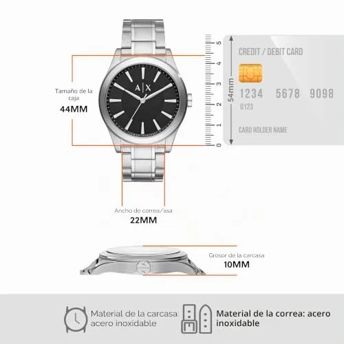 Armani Exchange ▫️ Relógios para homem, movimento de quartzo com três funções e data, e caixa de 44 mm com bracelete em aço 5