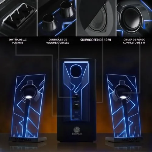 GOgroove ▫️ BassPULSE 2.1 Altifalantes para jogos de PC com luzes LED e subwoofer ativo - Sistema de altifalantes para jogos em computadores de secretária, portáteis, PC de 40 watts, graves potentes - Azul 5