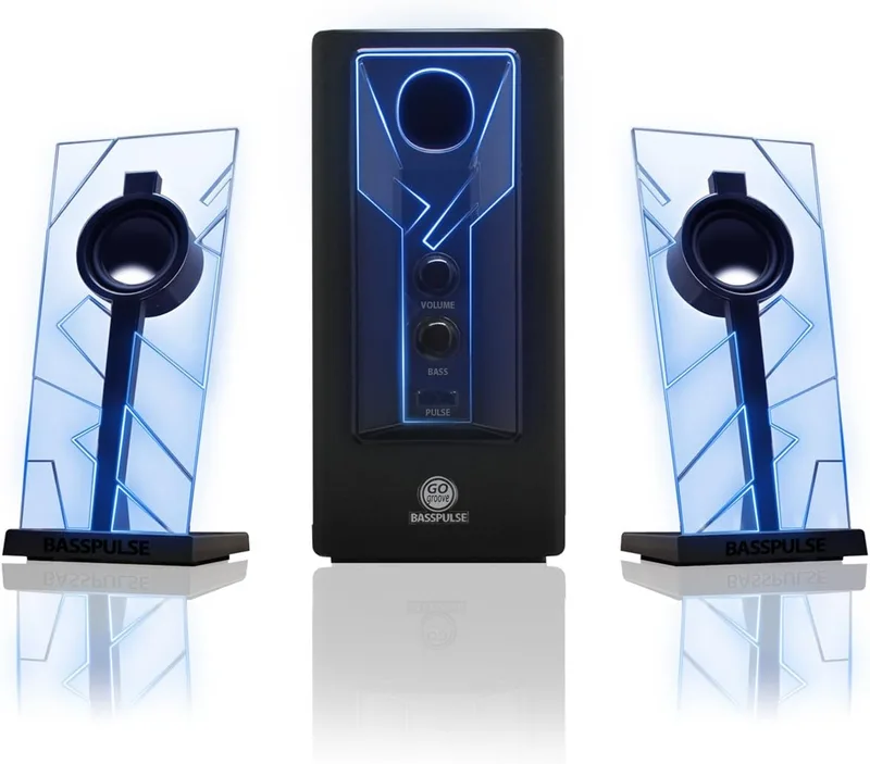 GOgroove ▫️ BassPULSE 2.1 Altifalantes para jogos de PC com luzes LED e subwoofer ativo - Sistema de altifalantes para jogos em computadores de secretária, portáteis, PC de 40 watts, graves potentes - Azul