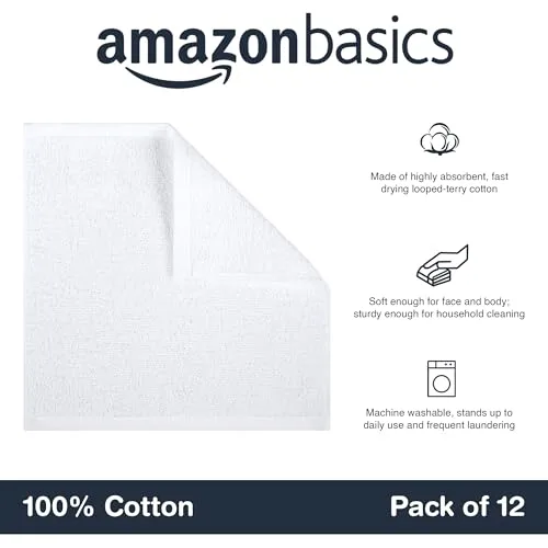 Amazon Basics ▫️ Conjunto de toalhas de banho 100% algodão, absorventes, toalha de lavatório 30 x 30 cm, branco, embalagem de 12 unidades 3