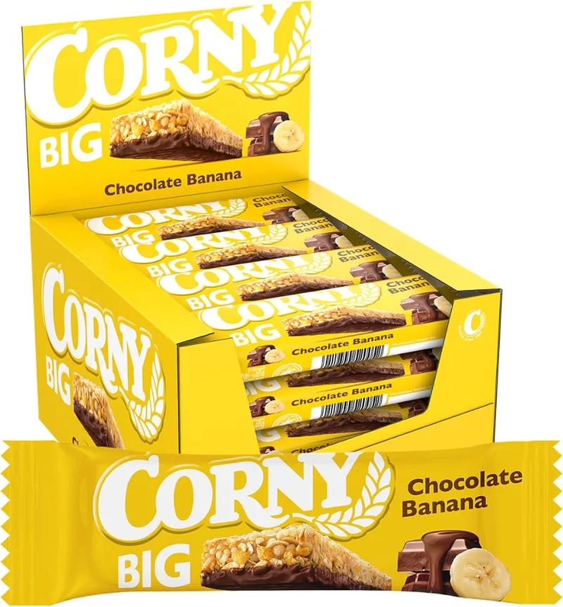 Corny ▫️ Big Barras Sem Açúcares Adicionados de Chocolate e Banana, 24 x 50 g | Formato Grande, Cereais Crocantes, Fonte de Fibra, Snack para Estudar ou Praticar Desporto, para Adultos