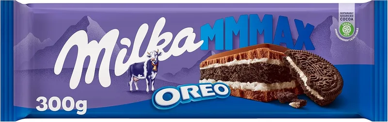 Milka ▫️ MMMAX Oreo Barra grande de chocolate de leite alpino com recheio de bolacha Oreo e camada dupla de creme de baunilha 300 g