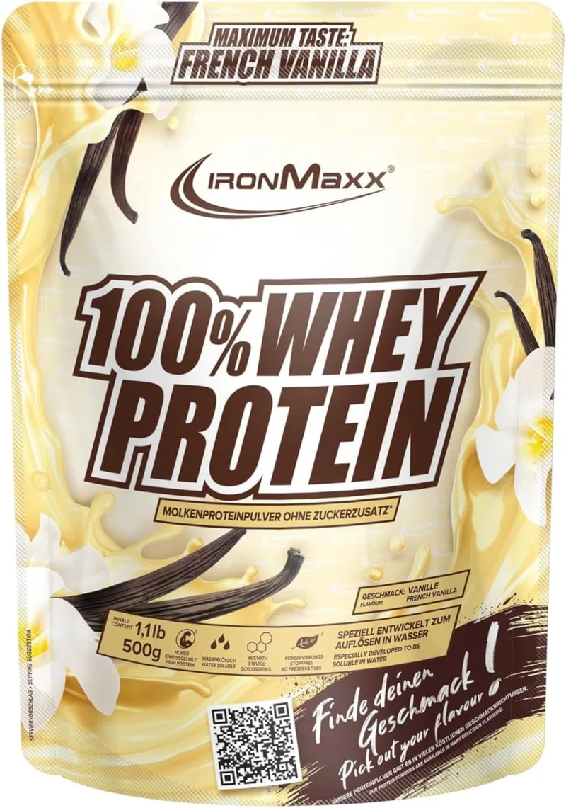 IronMaxx ▫️ 100% Whey Protein Powder - Baunilha Francesa, saqueta de 500 g | proteína de soro de leite em pó solúvel em água e com baixo teor de açúcar | vários sabores diferentes