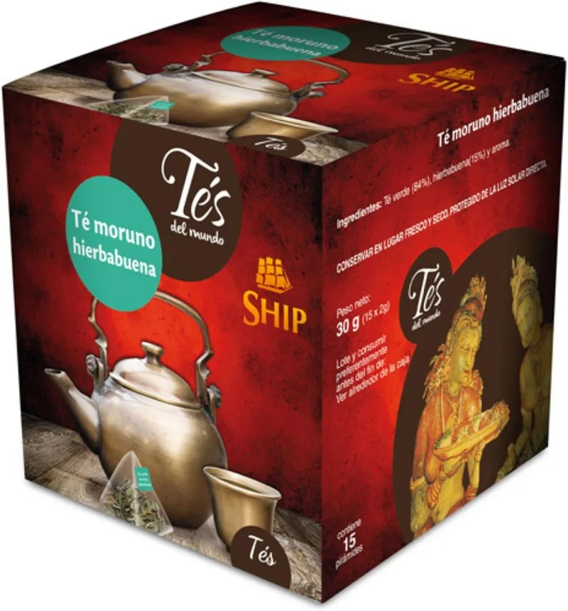 Tés del Mundo ▫️ Ship - Chá Moruno com Hortelã - Caixa de 15 pirâmides com embalagem - Favorece uma boa digestão e melhora o funcionamento do organismo - Propriedades antioxidantes