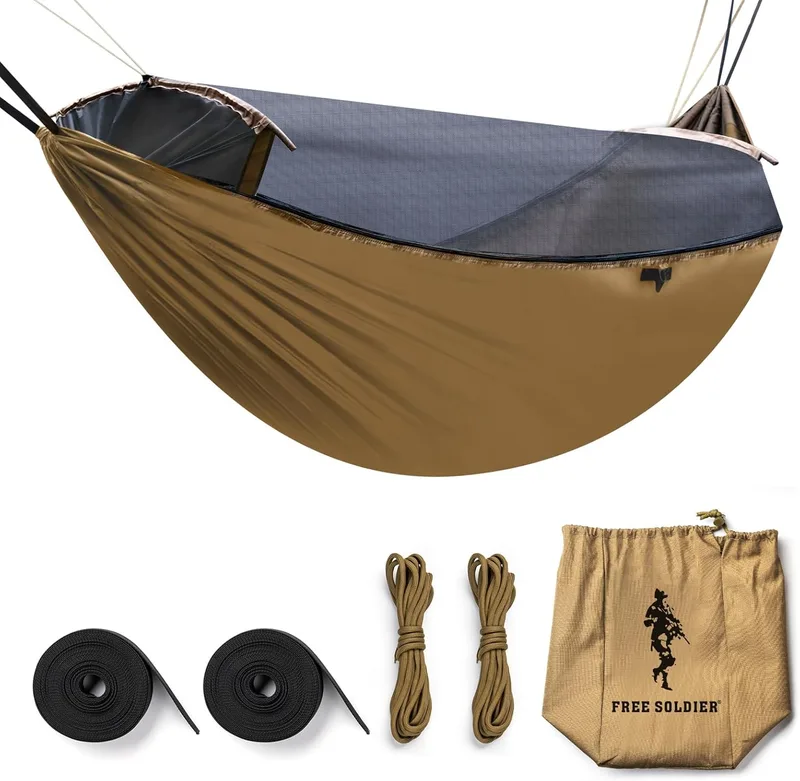 FREE SOLDIER ▫️ Survival Outdoor multifuncional portátil Cama suspensa com rede mosquiteira Rede de para-quedas tática leve, castanha