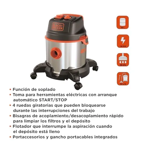 Black+Decker ▫️ Aspirador multifunções BXVC20XTE para sólidos e líquidos, com tomada integrada para ferramentas elétricas (1400 W, 20 l) 2