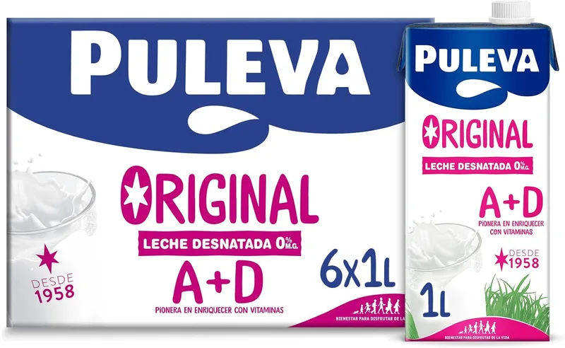 Puleva ▫️ Original - Leite Desnatado com Vitaminas A e D - Sem Açúcar Adicionado e Sem Glúten - Embalagem UHT de 6 x 1 L