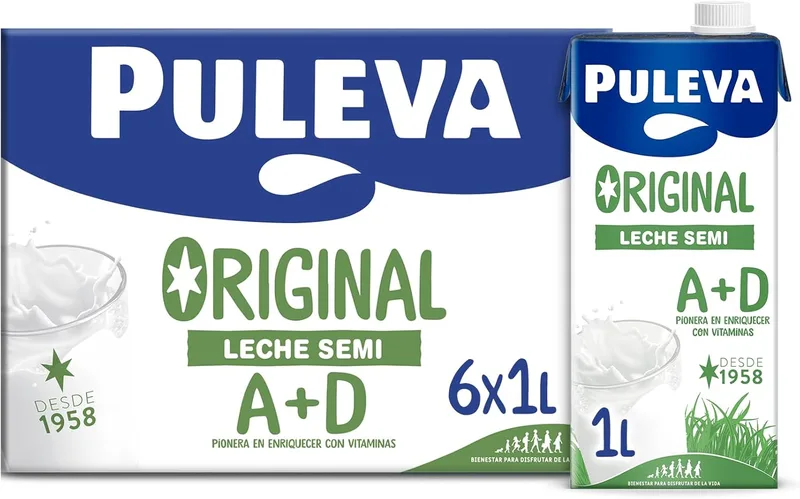 Puleva ▫️ Leite Semidesnatado Original com Vitaminas A e D, Embalagem de 6 x 1 L