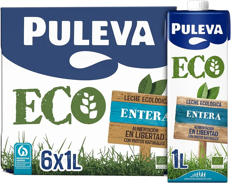 Puleva ▫️ ECO - Leite Integral Biológico - Bem-estar Animal - Embalagem UHT de 6 x 1 L
