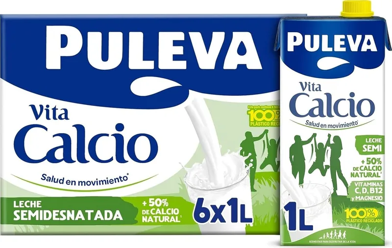 Puleva ▫️ Leite Semidesnatado com Cálcio - Embalagem de 6 x 1 L | Leite semidesnatado enriquecido com cálcio adicional e vitamina D. Cuida dos teus ossos. Embalagem de 6 embalagens de 1 litro.