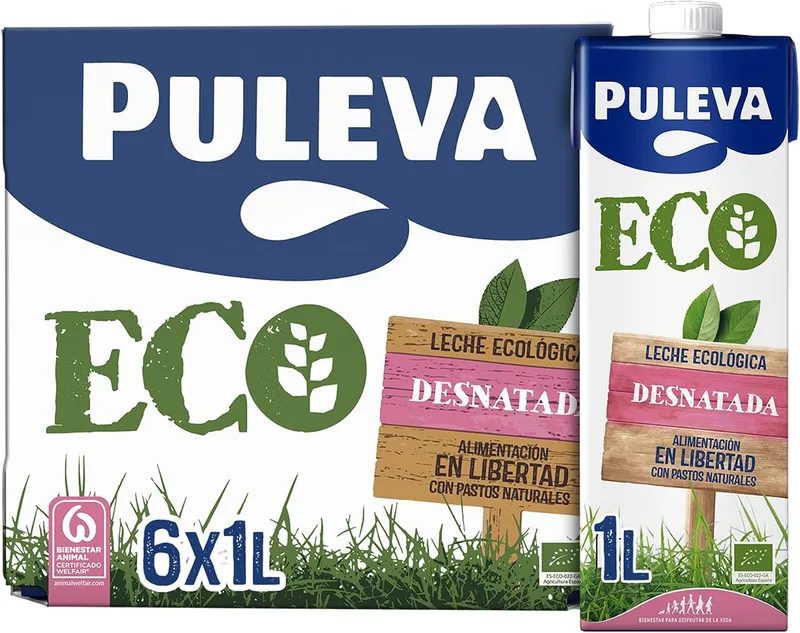 Puleva ▫️ Leite desnatado biológico, ECO, embalagem de 1 L - Caixa de 6 litros