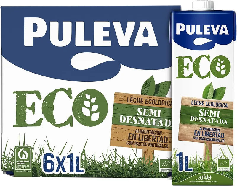 Puleva ▫️ ECO - Leite Ecológico Semidesnatado BIO - Bem-estar Animal - Embalagem UHT de 6 x 1 L