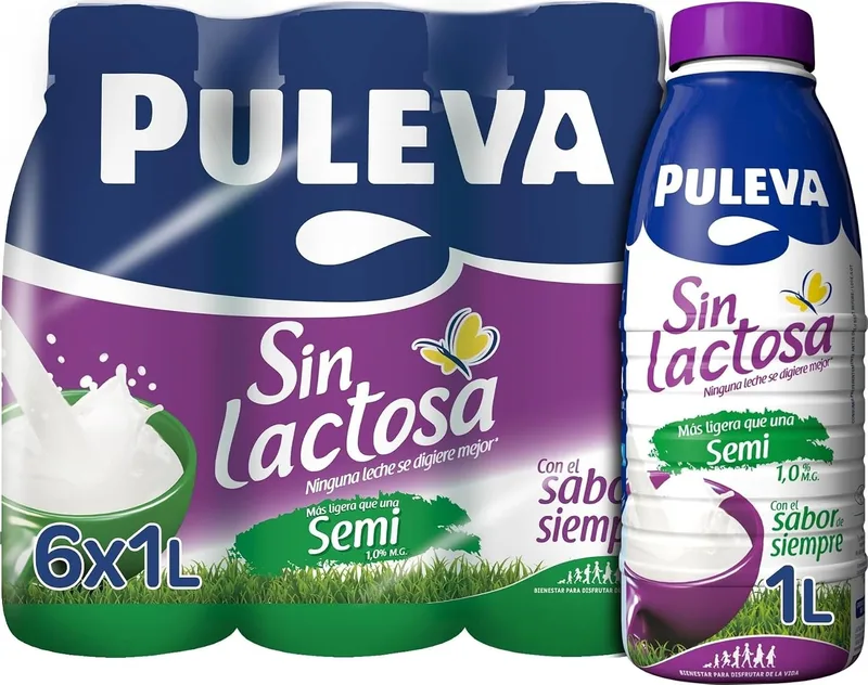 Puleva ▫️ Leite Sem Lactose, Semidesnatado, 1 % de matéria gorda, de fácil digestão, rico em cálcio e vitaminas A, D e E, ideal para pessoas com intolerância à lactose, embalagem de 6 x 1 L