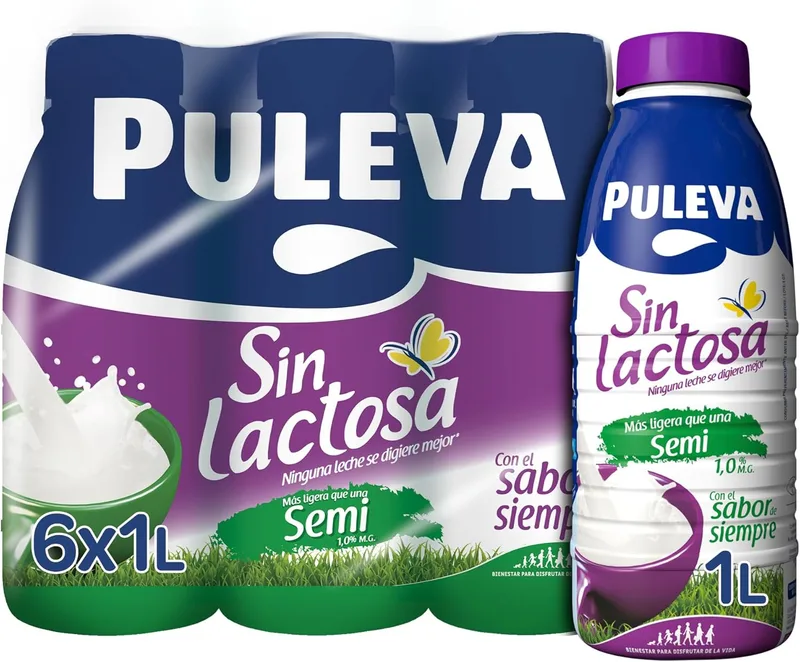 Puleva ▫️ Leite Sem Lactose, Semidesnatado, 1 % de Matéria Gorda, Fácil de digerir, Rico em cálcio e vitaminas A, D e E, Ideal para pessoas com intolerância à lactose, Embalagem de 6 x 1 L