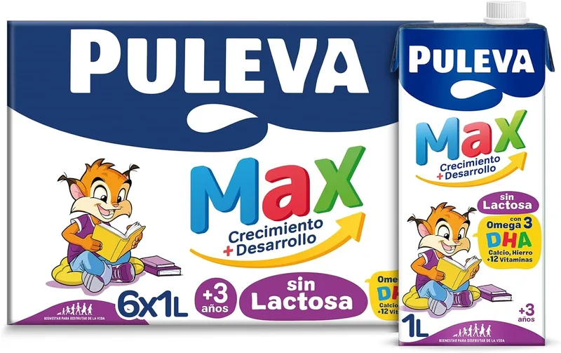 Puleva ▫️ Max Sem Lactose – Leite para o Crescimento e Desenvolvimento +3 Anos – Embalagem de 6 x 1 l