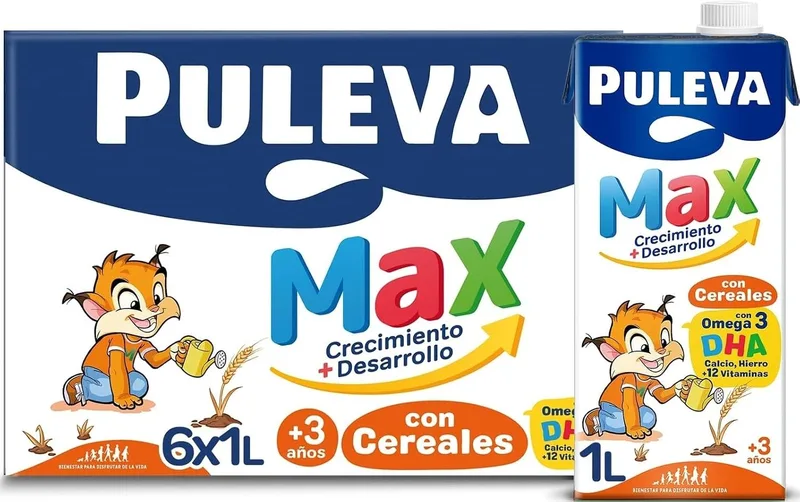 Puleva ▫️ Max Leite para o Crescimento e Desenvolvimento com Cereais - Embalagem de 6 x 1 L | Preparação láctea com cereais para o crescimento e desenvolvimento infantil, a partir dos 3 anos. Embalagem de 6 embalagens de 1 litro.