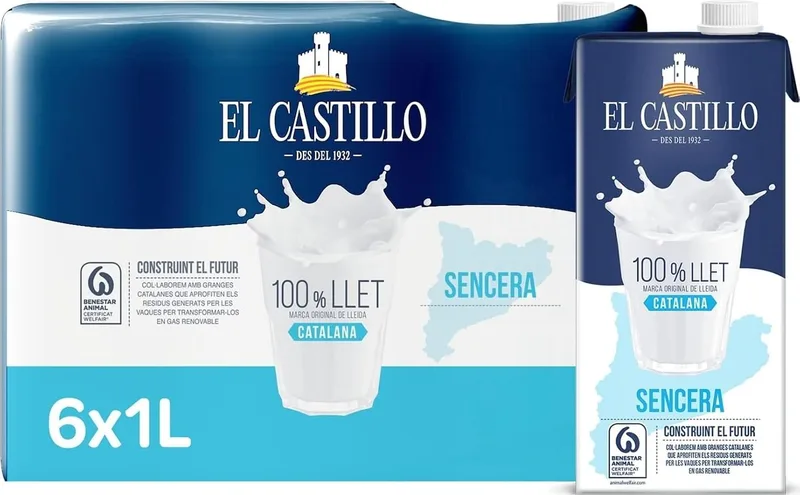 El Castillo ▫️ Leite Gordo, Rico em Cálcio e Proteínas, Sem Glúten, Sem açúcares adicionados - Embalagem de 6x1L | Leite UHT gordo de origem 100% catalã, proveniente de explorações agrícolas que respeitam o bem-estar animal. Embalagem tipo brik. Embalagem de 6 unidades de 1 litro.