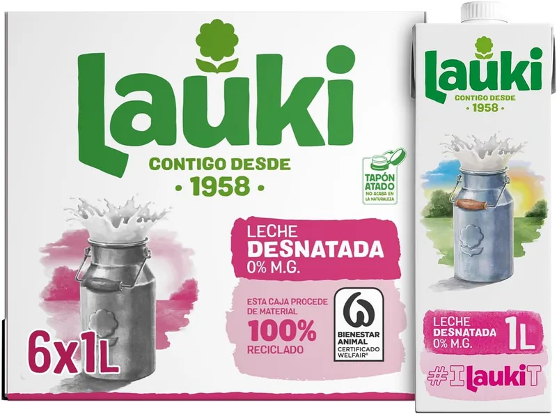 Lauki ▫️ Leite Desnatado Respeitando o Bem-Estar Animal - Sem Açúcar Adicionado e Sem Glúten - Embalagem UHT, pacote de 6 x 1 L