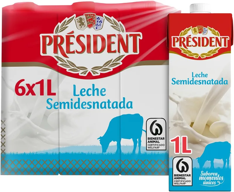 Président ▫️ Presidente - Leite Semidesnatado de Bem-Estar Animal - Embalagem UHT tipo brik, embalagem de 6 x 1 L | Leite UHT semidesnatado proveniente de explorações agrícolas que respeitam o bem-estar animal. Embalagem tipo brik. Embalagem de 6 unidades de 1 litro.